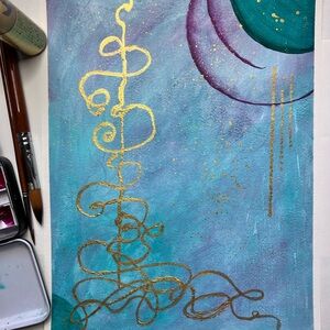 Abstract Original Watercolor Gold Leaf Filigree Green & Purple Painting, 9x12